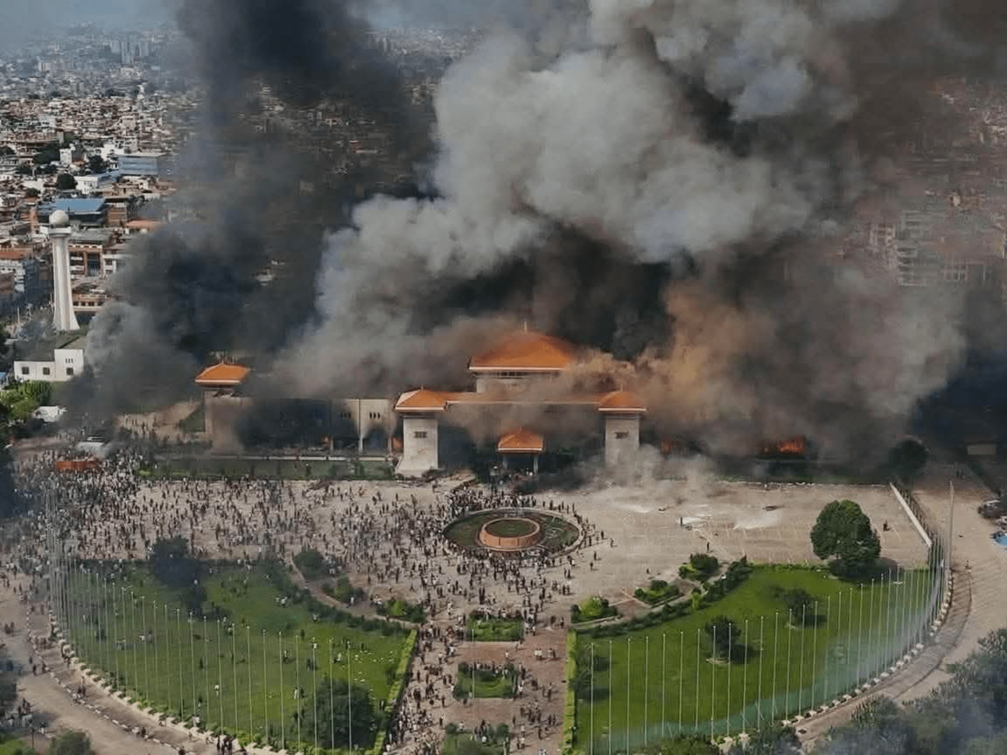 Visuals show huge flames and thick black smoke billowing from the the Parliament building of Nepal. Image Credit: @ahmermkhan / X